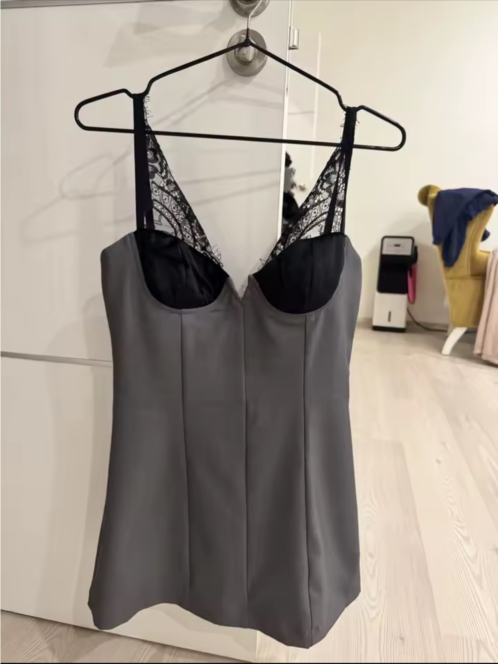 Womens Gray Mini Slip Dress with Black Lace Cups NEW!